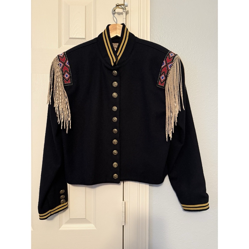 Vintage Double D Ranch Black & Gold Wool Beaded Western Fringe Jacket S EUC